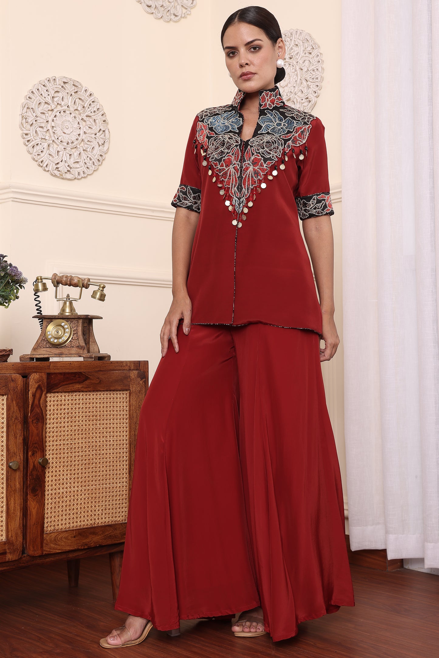 Red Ajrakh Patchwork Jacket With Flair Pants