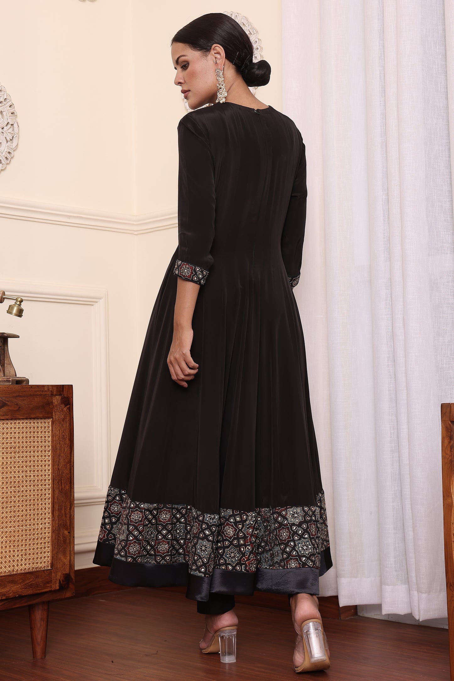 Black Embellished Ajrakh Anarkali With Pant And Dupatta