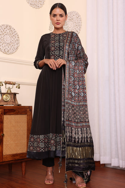 Black Embellished Ajrakh Anarkali With Pant And Dupatta