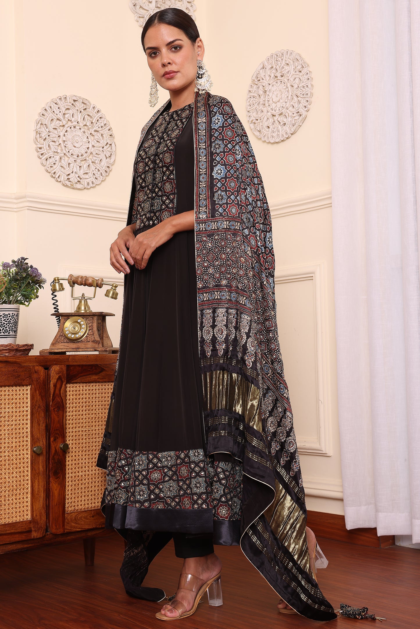 Black Embellished Ajrakh Anarkali With Pant And Dupatta