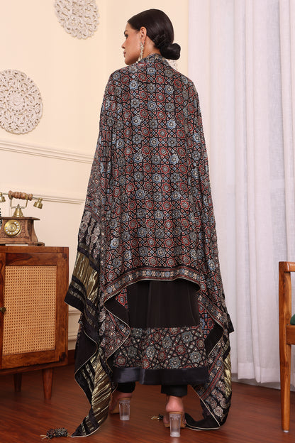 Black Embellished Ajrakh Anarkali With Pant And Dupatta