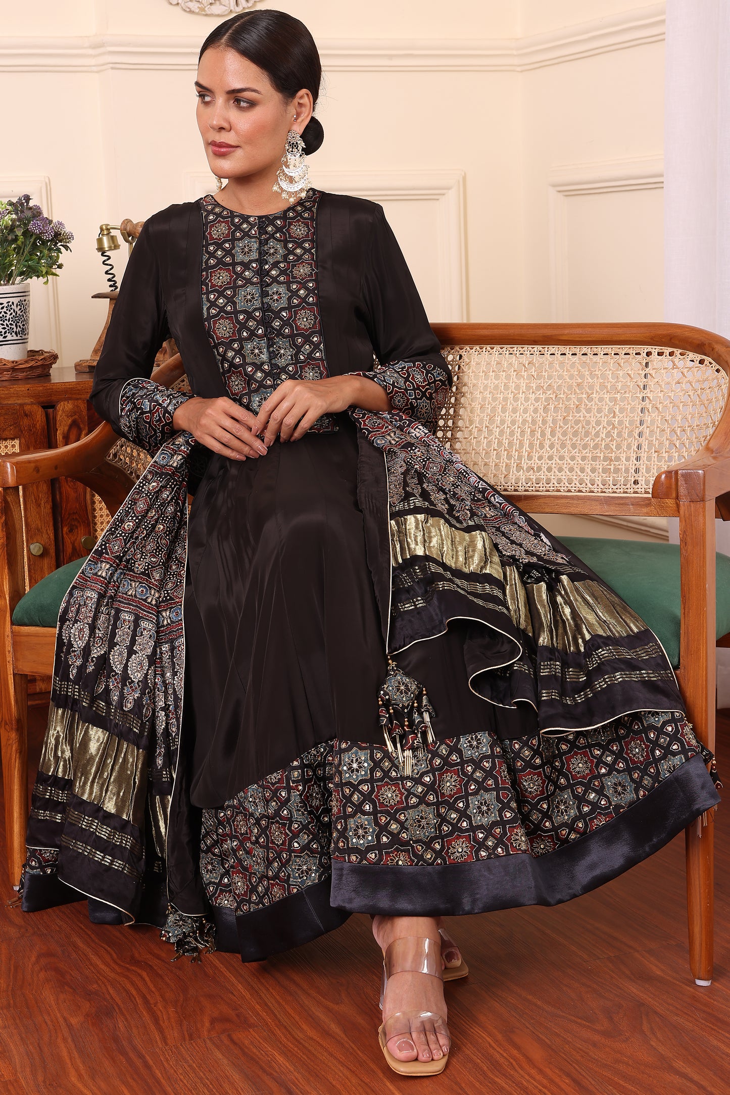 Black Embellished Ajrakh Anarkali With Pant And Dupatta