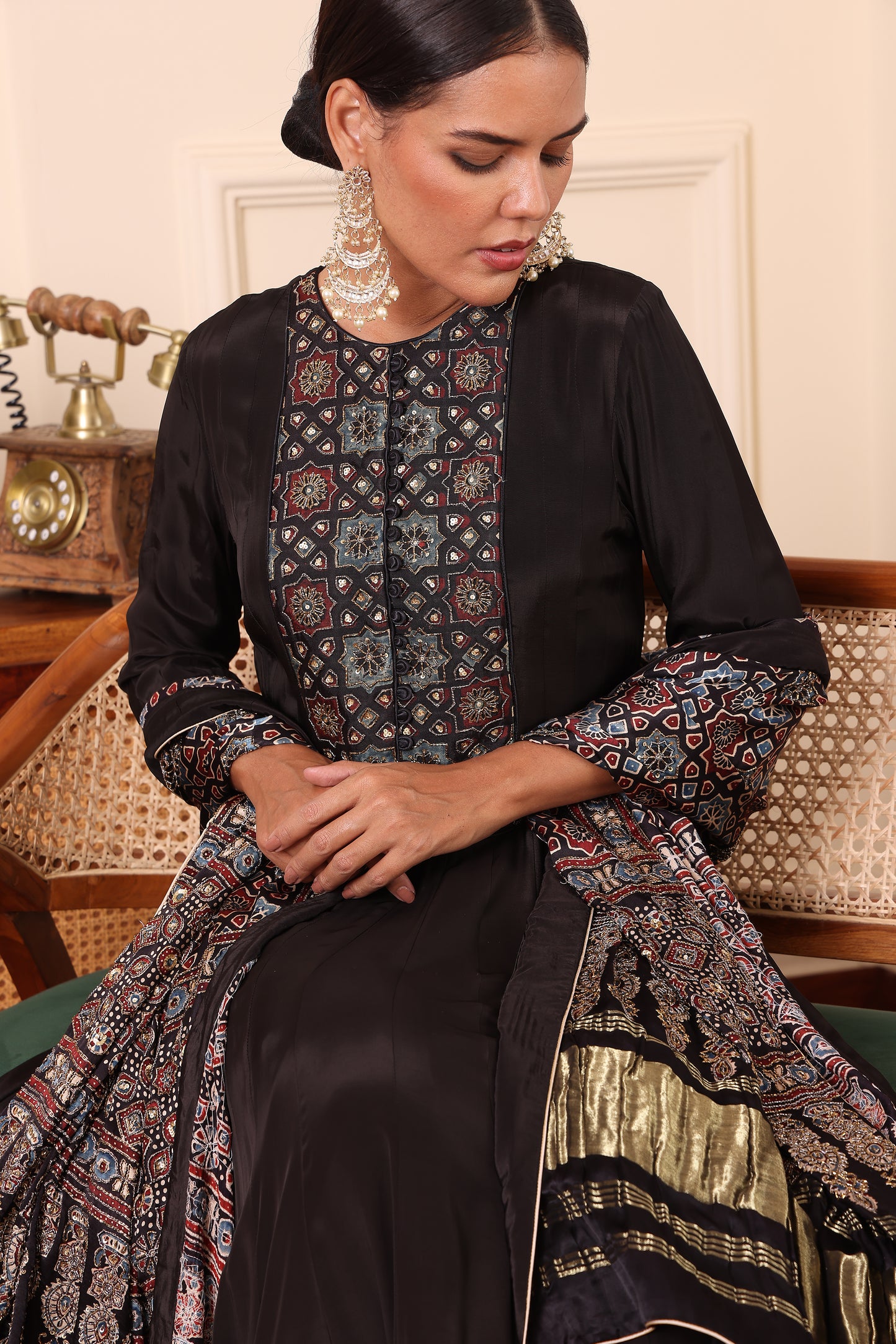 Black Embellished Ajrakh Anarkali With Pant And Dupatta