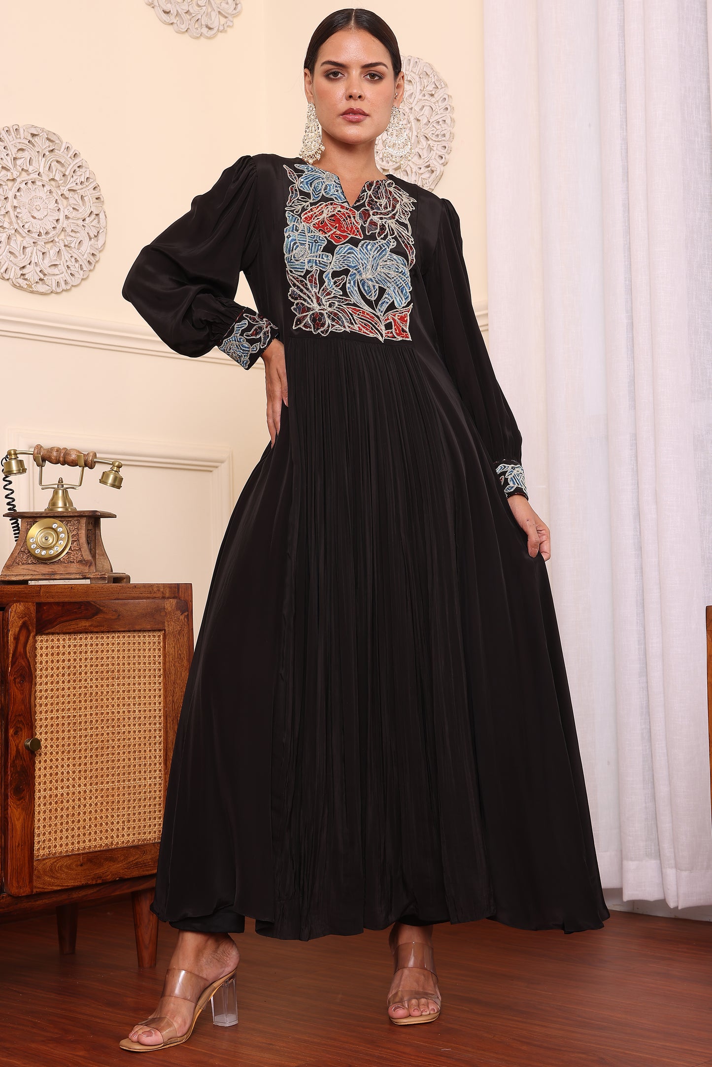 Black Gathered Dress With Pants