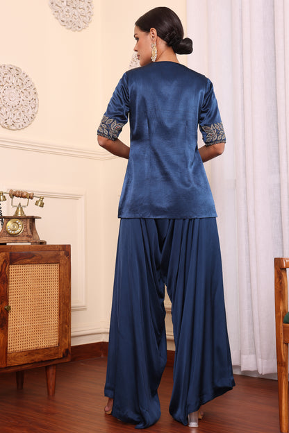 Cobalt Blue Embroidered Jacket With Asymmetric Pants