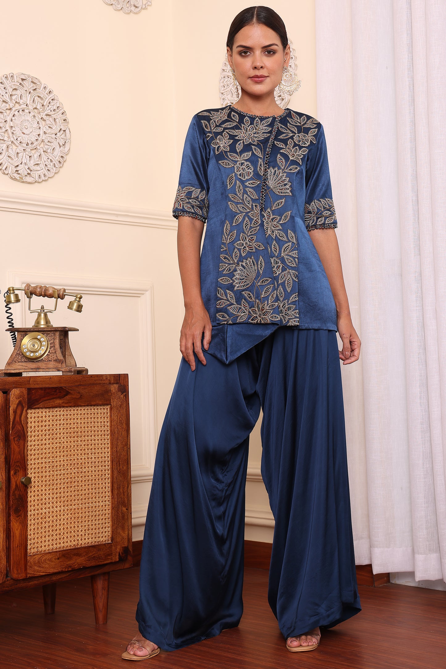 Cobalt Blue Embroidered Jacket With Asymmetric Pants