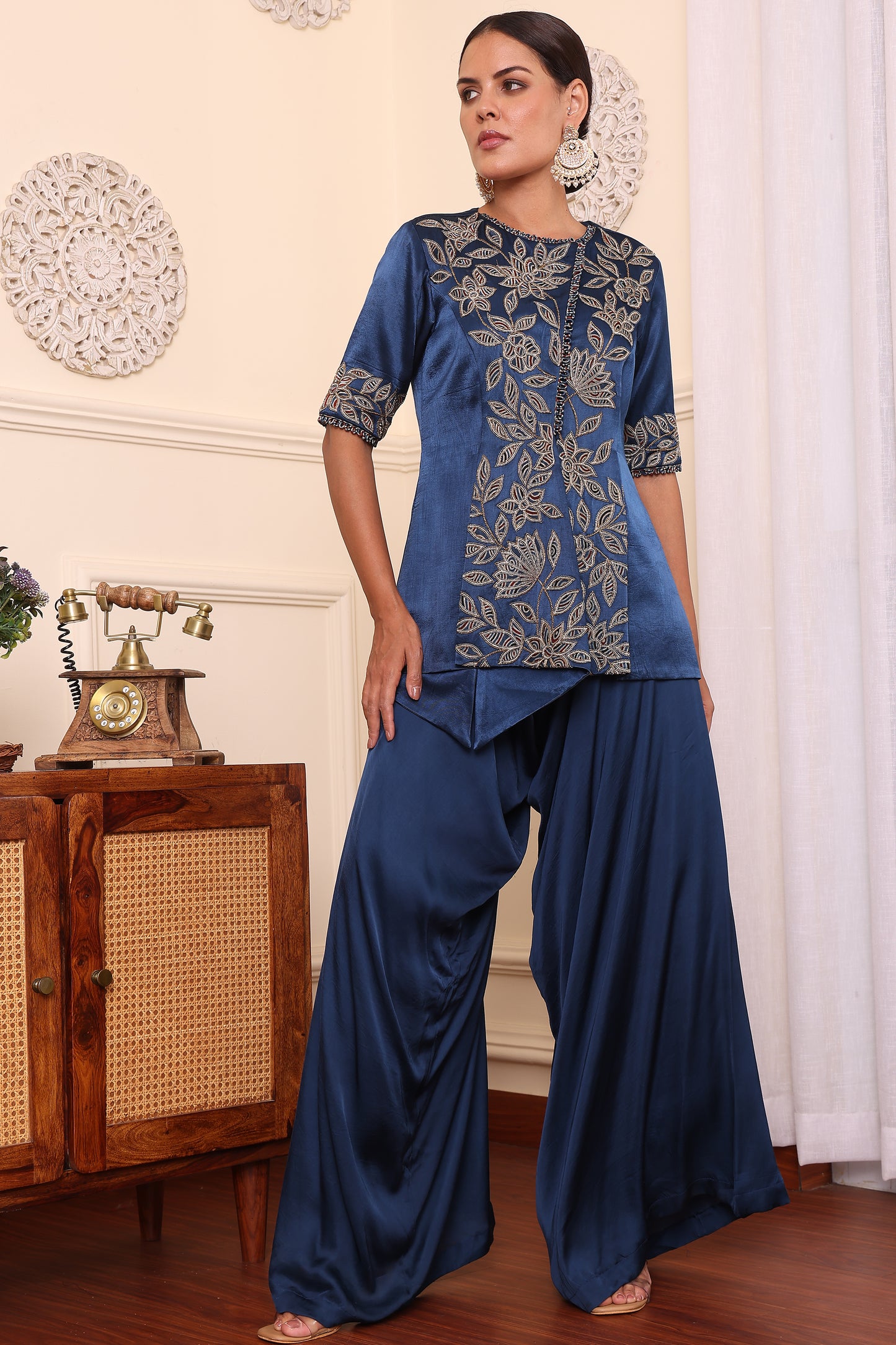 Cobalt Blue Embroidered Jacket With Asymmetric Pants