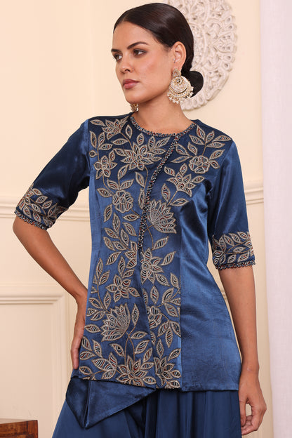 Cobalt Blue Embroidered Jacket With Asymmetric Pants