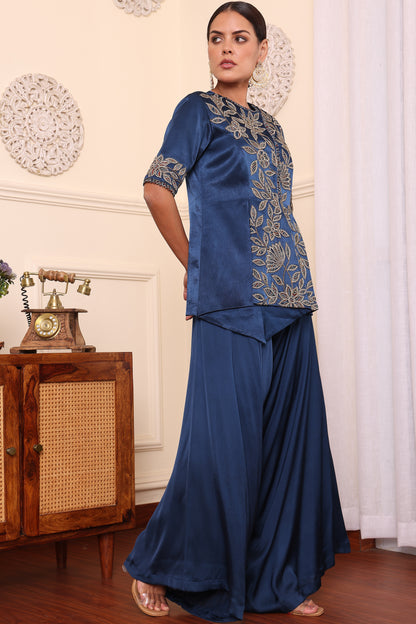 Cobalt Blue Embroidered Jacket With Asymmetric Pants