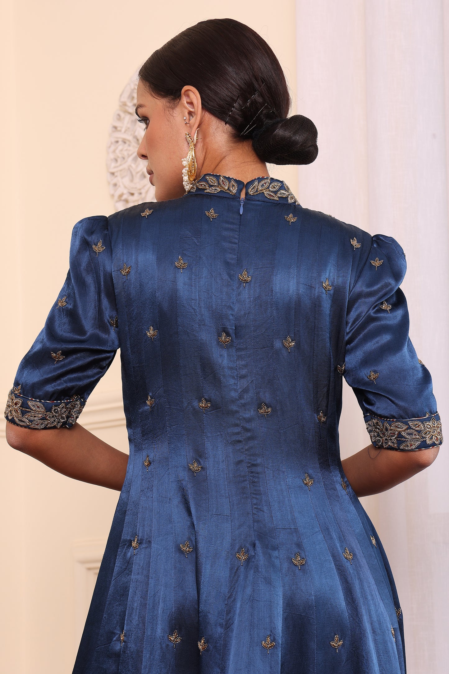 Cobalt Blue Ajrakh Patchwork Anarkali With Tulip pant and Dupatta