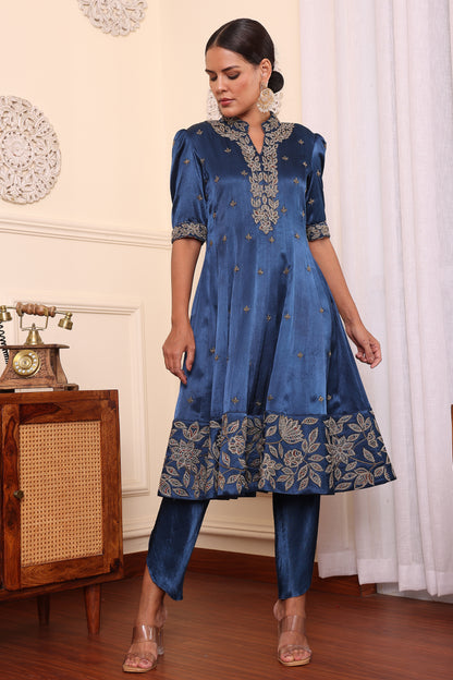 Cobalt Blue Ajrakh Patchwork Anarkali With Tulip pant and Dupatta