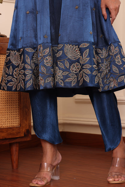 Cobalt Blue Ajrakh Patchwork Anarkali With Tulip pant and Dupatta