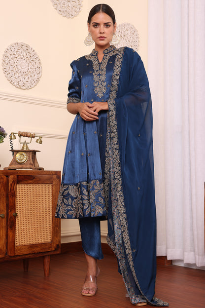 Cobalt Blue Ajrakh Patchwork Anarkali With Tulip pant and Dupatta