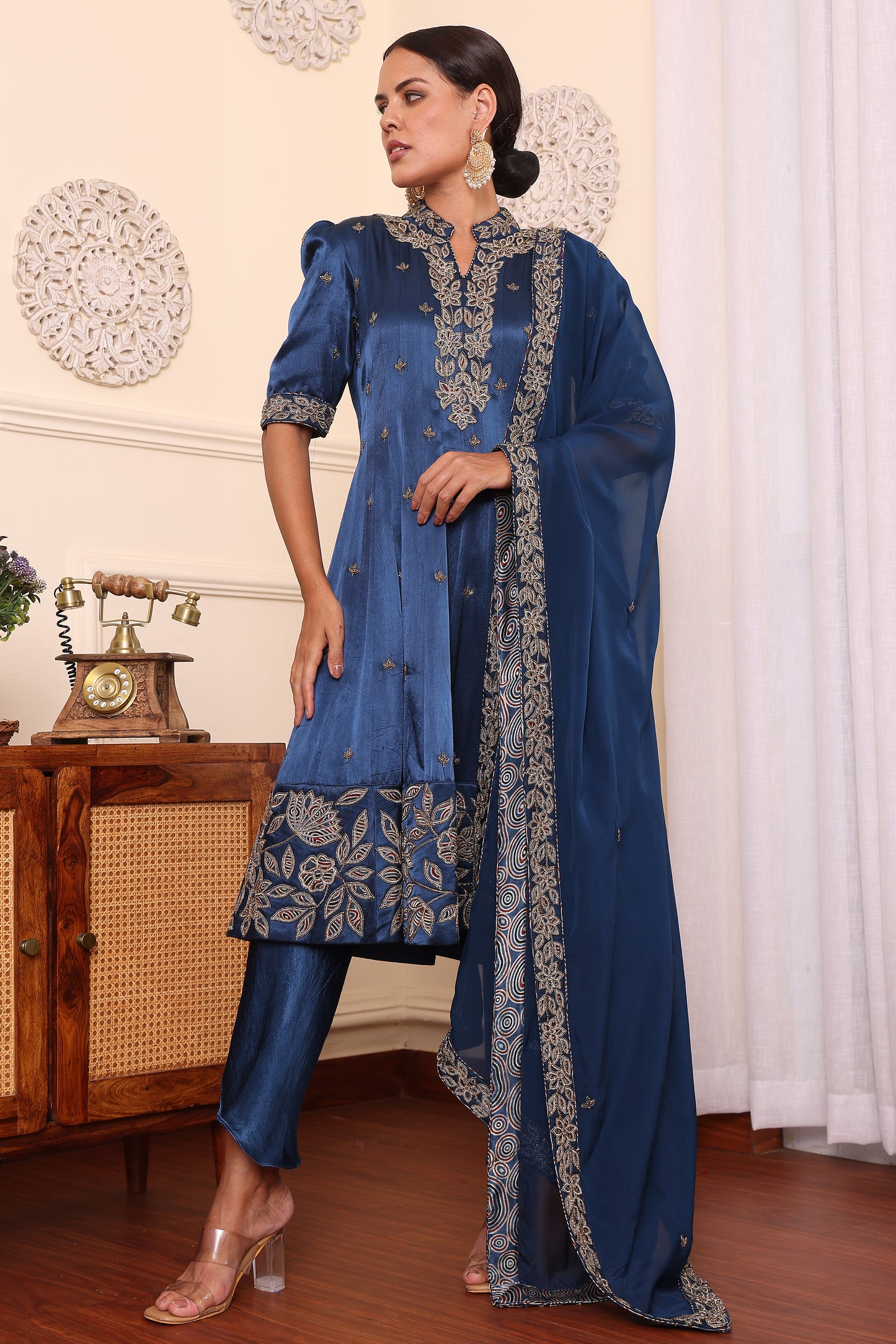 Cobalt Blue Ajrakh Patchwork Anarkali With Tulip pant and Dupatta