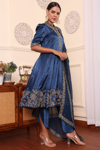 Cobalt Blue Ajrakh Patchwork Anarkali With Tulip pant and Dupatta