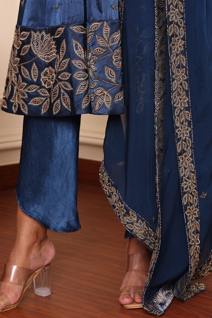 Cobalt Blue Ajrakh Patchwork Anarkali With Tulip pant and Dupatta