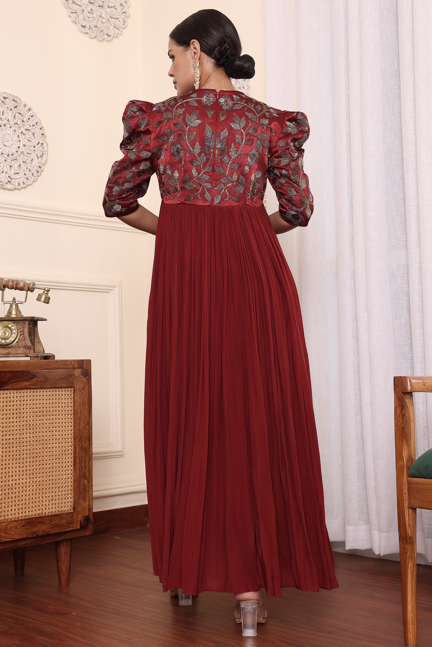 Maroon Embellished Gathered Dress