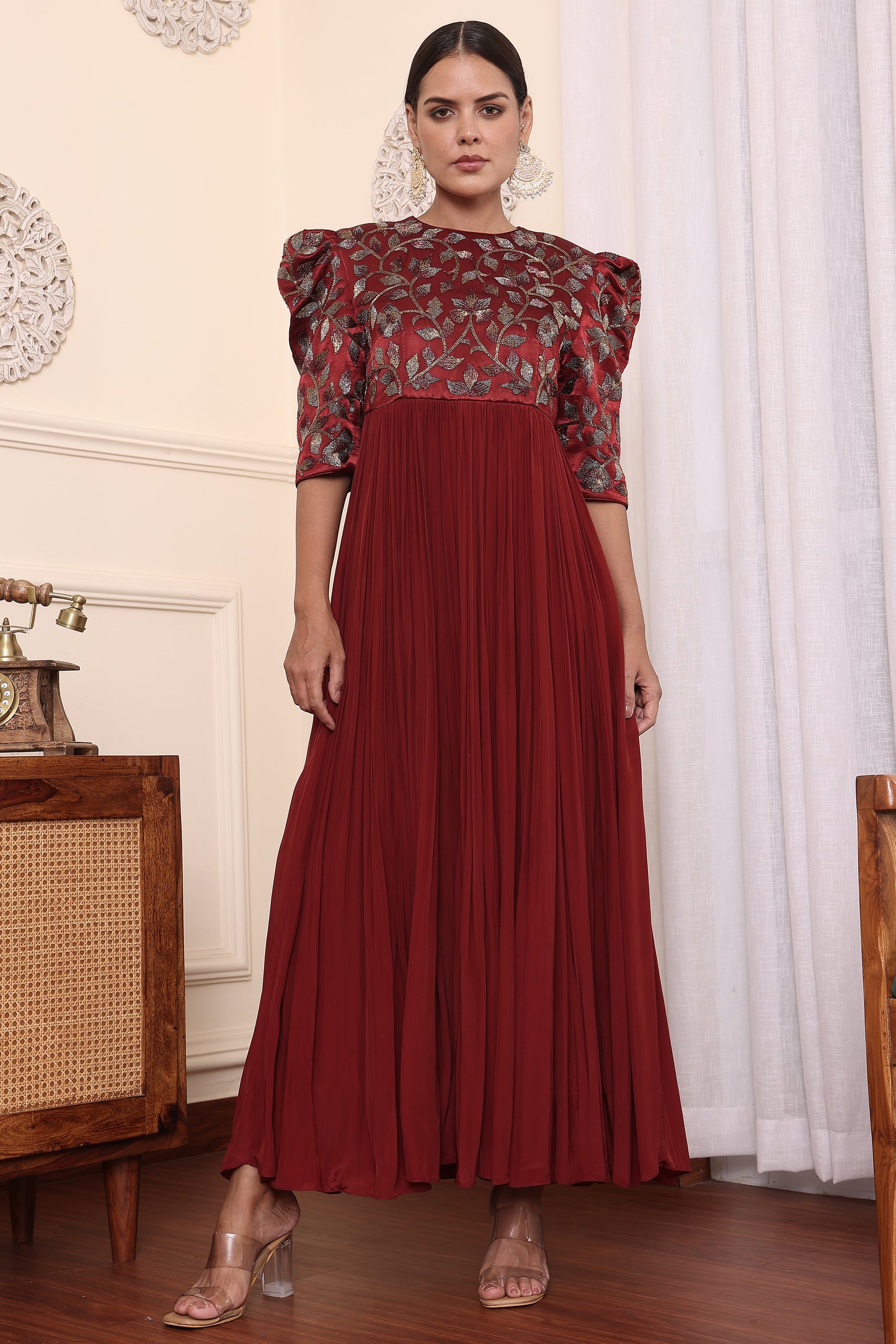 Maroon Embellished Gathered Dress