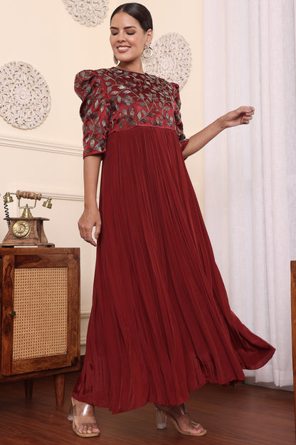 Maroon Embellished Gathered Dress