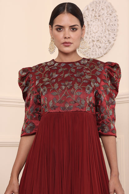 Maroon Embellished Gathered Dress