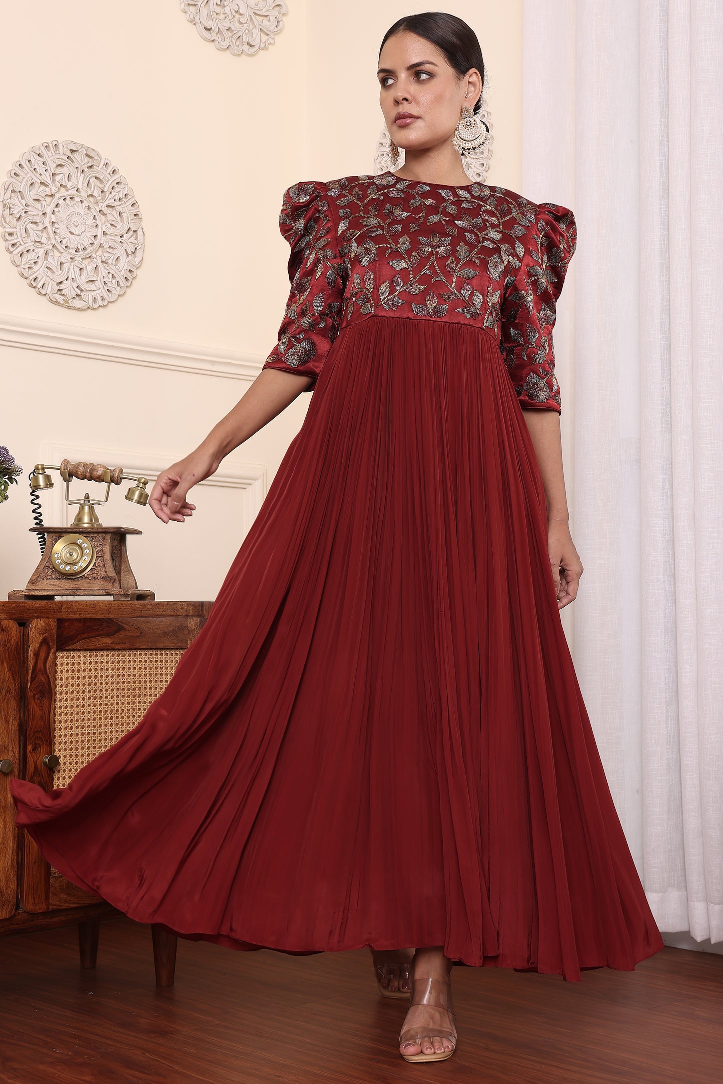 Maroon Embellished Gathered Dress