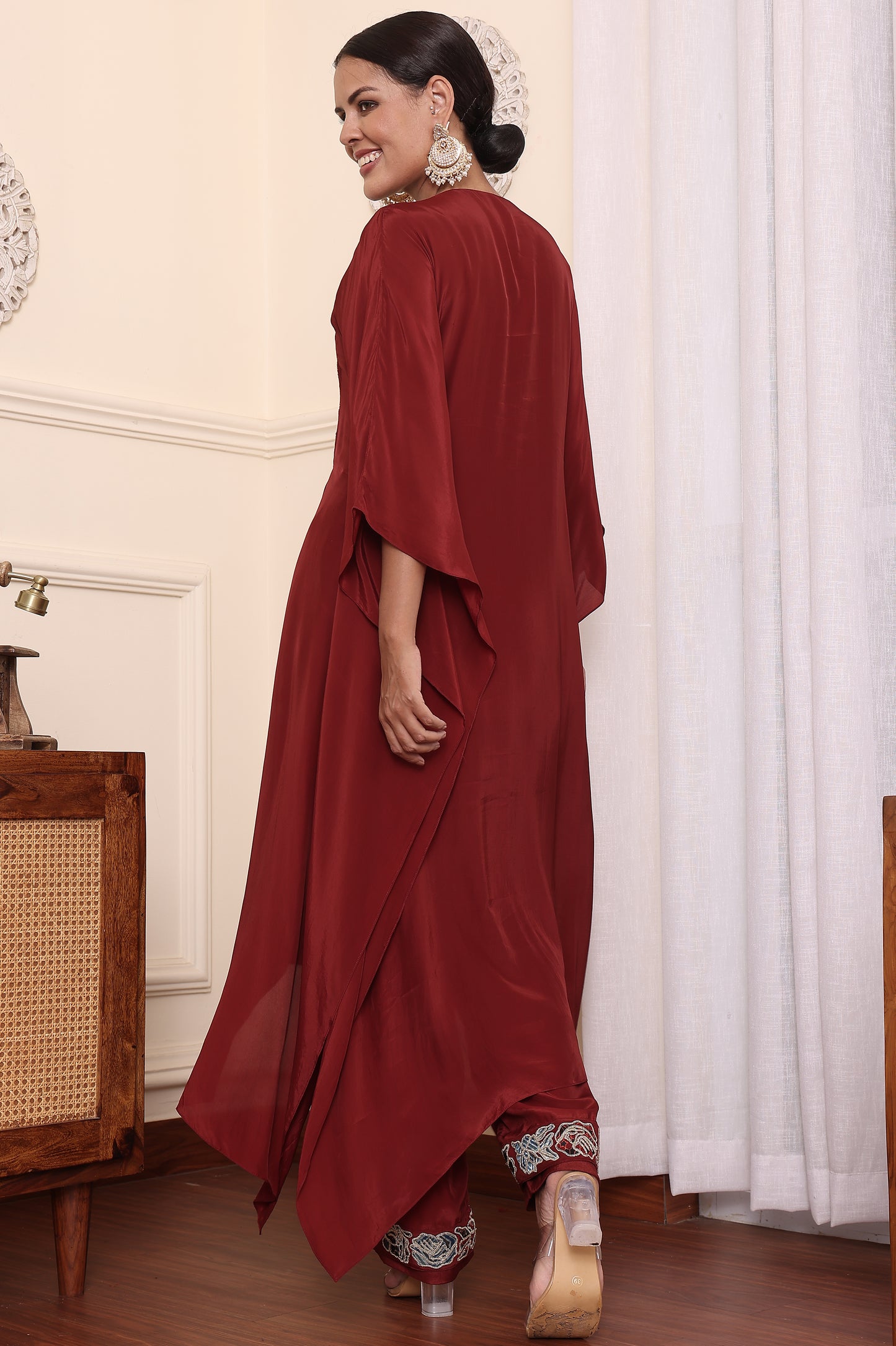 Maroon Ajrakh embroidered Kaftan With Pants