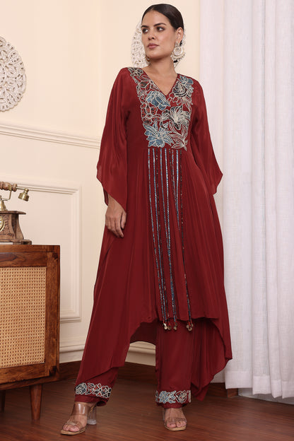 Maroon Ajrakh embroidered Kaftan With Pants