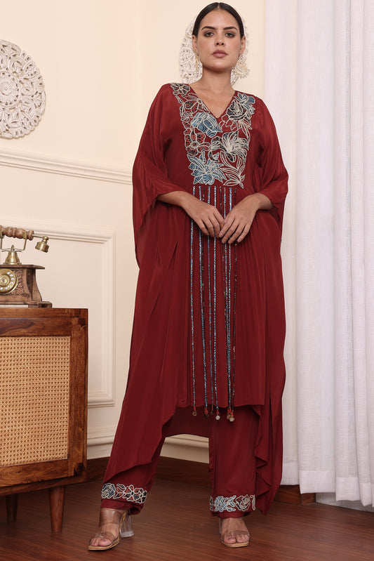 Maroon Ajrakh embroidered Kaftan With Pants