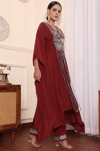 Maroon Ajrakh embroidered Kaftan With Pants