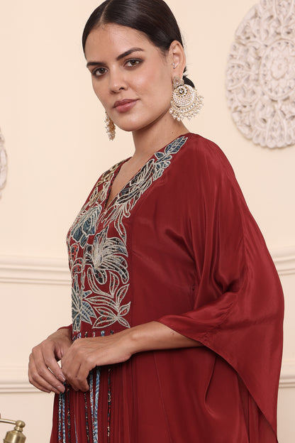 Maroon Ajrakh embroidered Kaftan With Pants