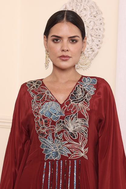 Maroon Ajrakh embroidered Kaftan With Pants