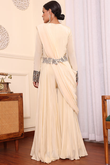 Beige drape jumpsuit with attached dupatta and waistband