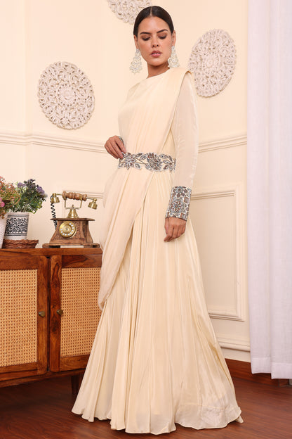 Beige drape jumpsuit with attached dupatta and waistband