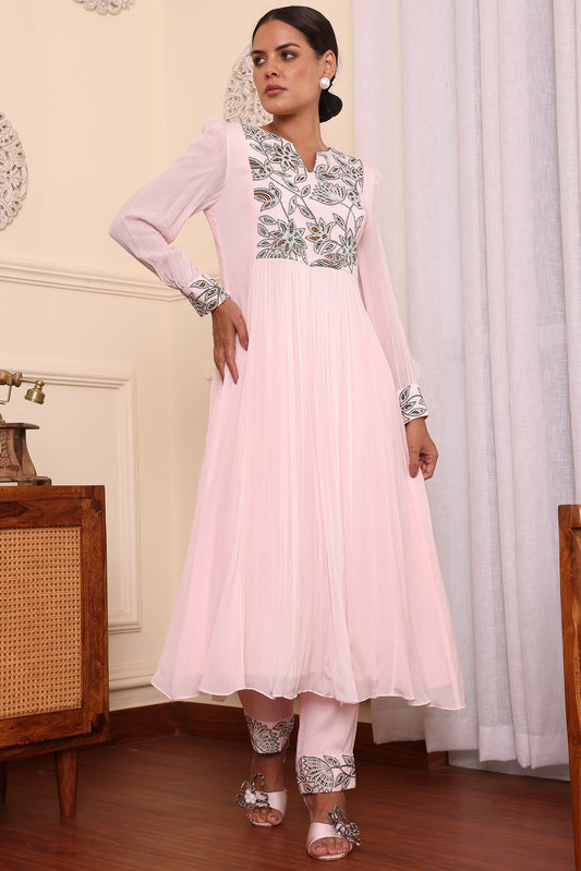 Powder Pink Embroidered Pleated Dress With Pants