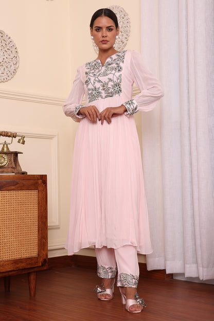 Powder Pink Embroidered Pleated Dress With Pants