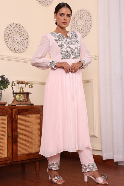 Powder Pink Embroidered Pleated Dress With Pants