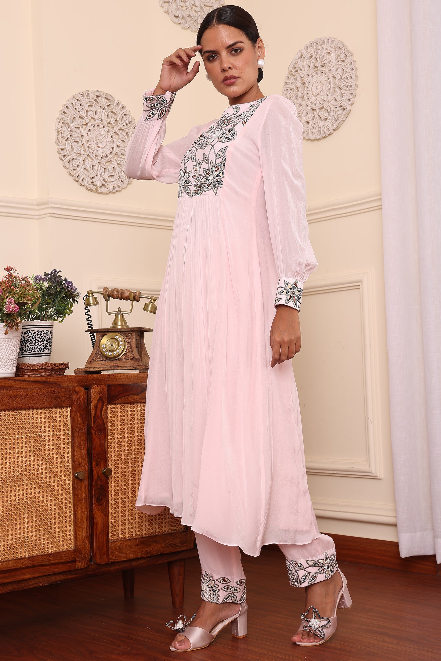 Powder Pink Embroidered Pleated Dress With Pants