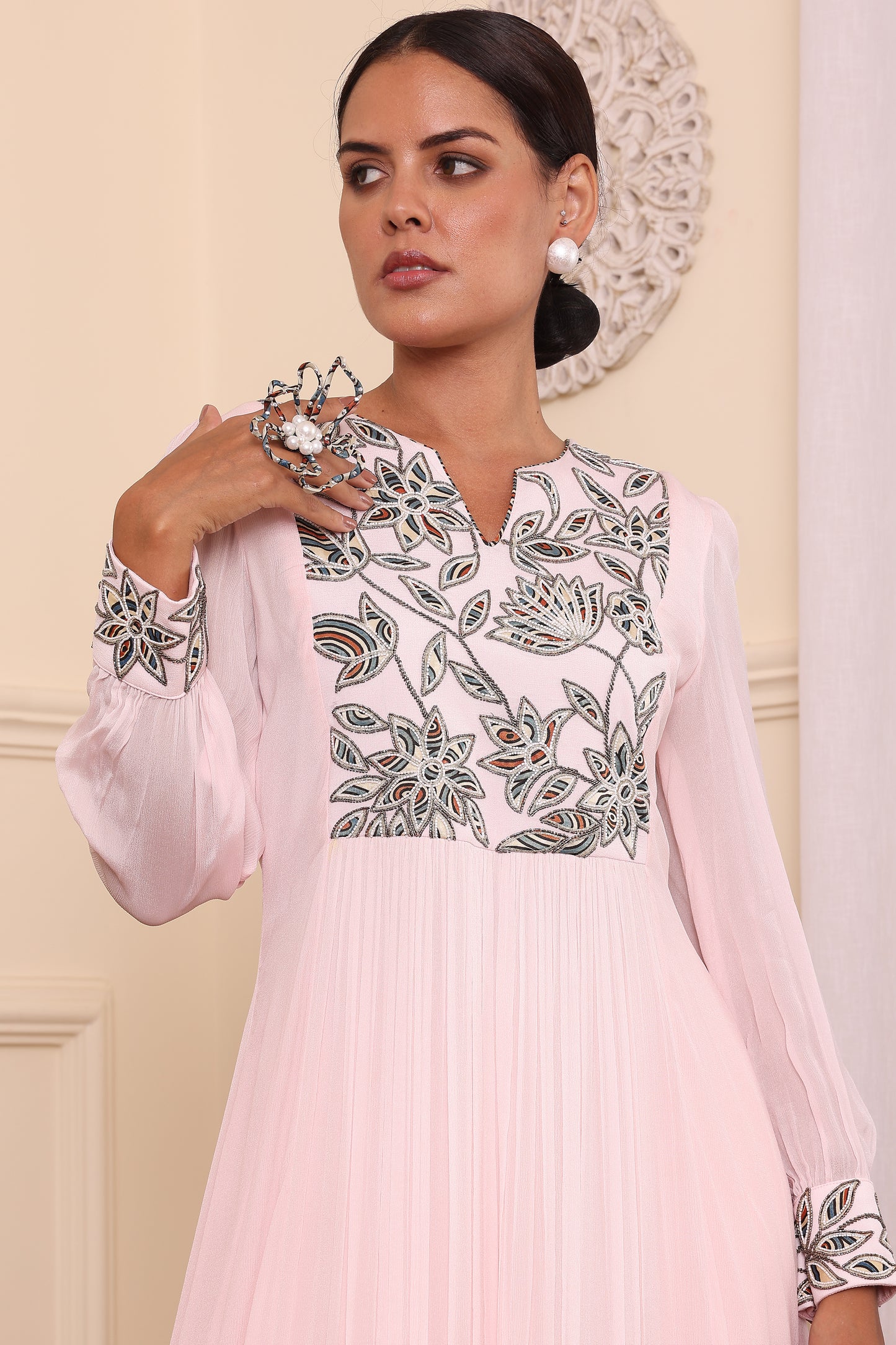 Powder Pink Embroidered Pleated Dress With Pants