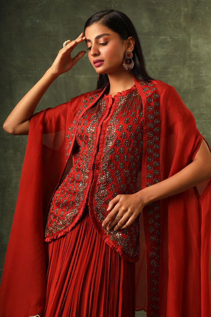 Red Ajrakh jacket with gathered skirt and cape dupatta
