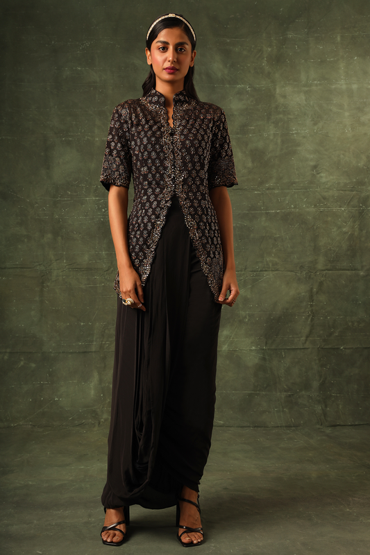 Black Ajrakh Jacket with drape dhoti skirt