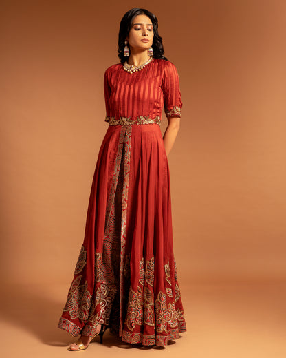 Maroon Patchworked Anarkali with ajrakh Pant