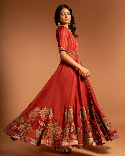 Maroon Patchworked Anarkali with ajrakh Pant