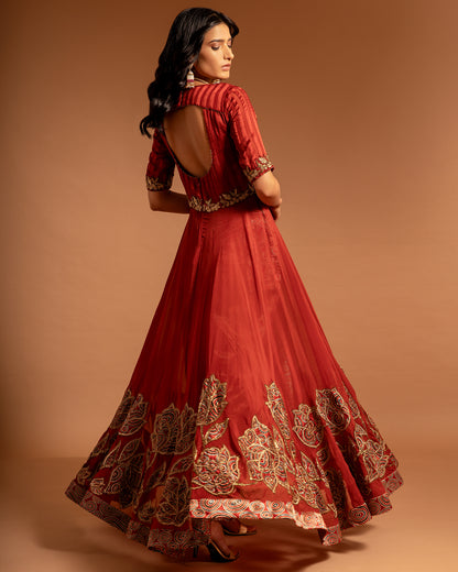 Maroon Patchworked Anarkali with ajrakh Pant