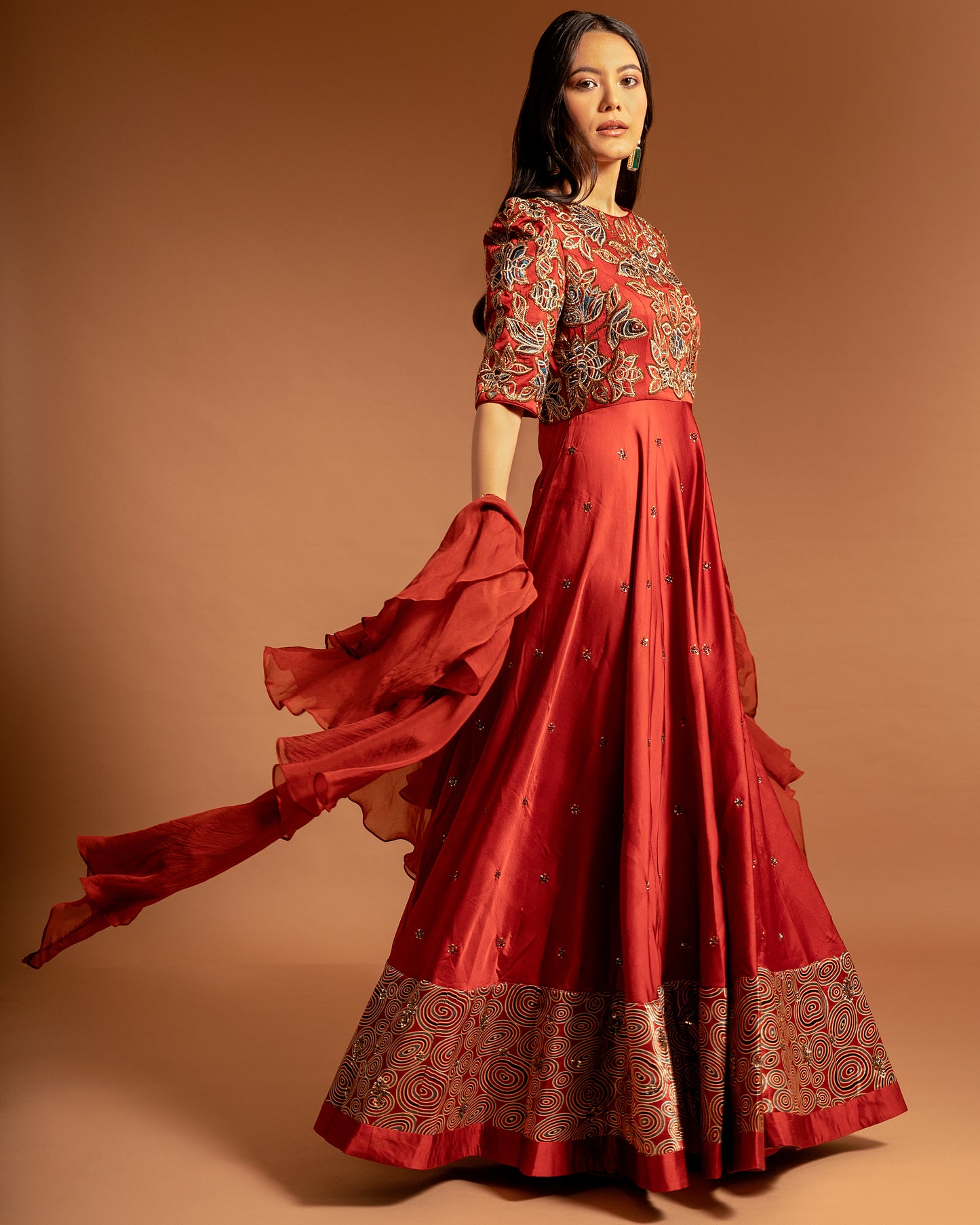 Red Ajrakh Patch work Anarkali with ruffled dupatta