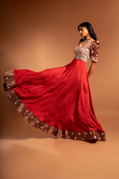 Red Embroidered Umbrella Gown