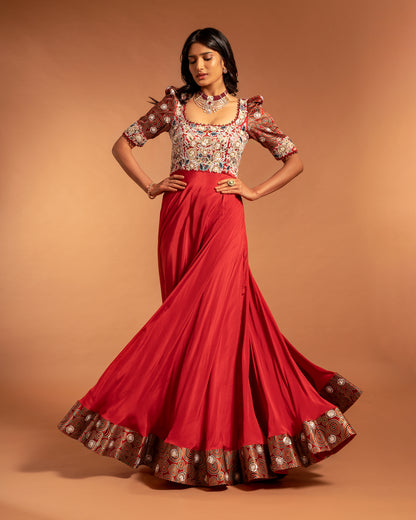 Red Embroidered Umbrella Gown