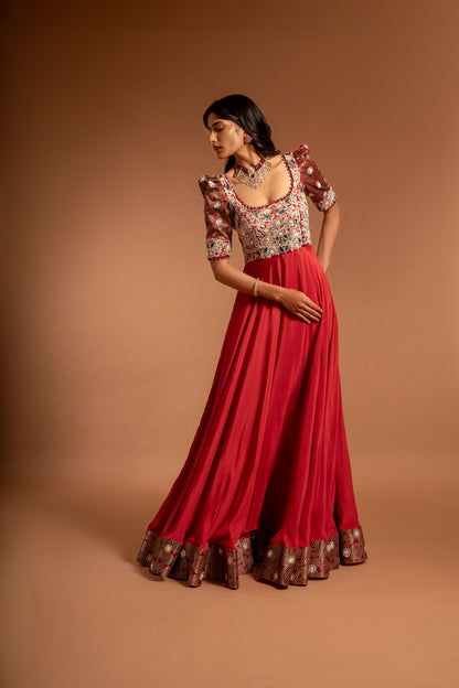 Red Embroidered Umbrella Gown