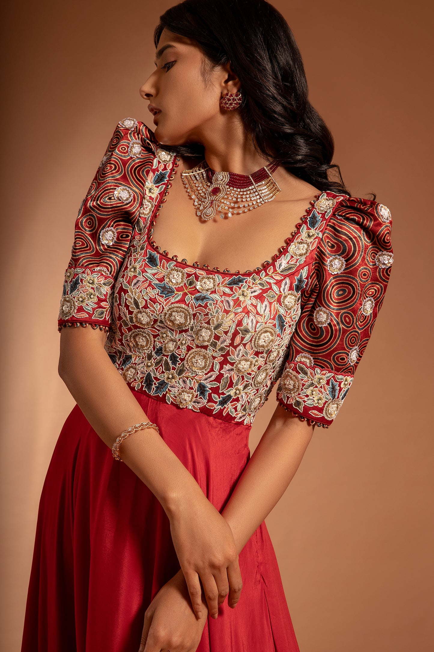 Red Embroidered Umbrella Gown