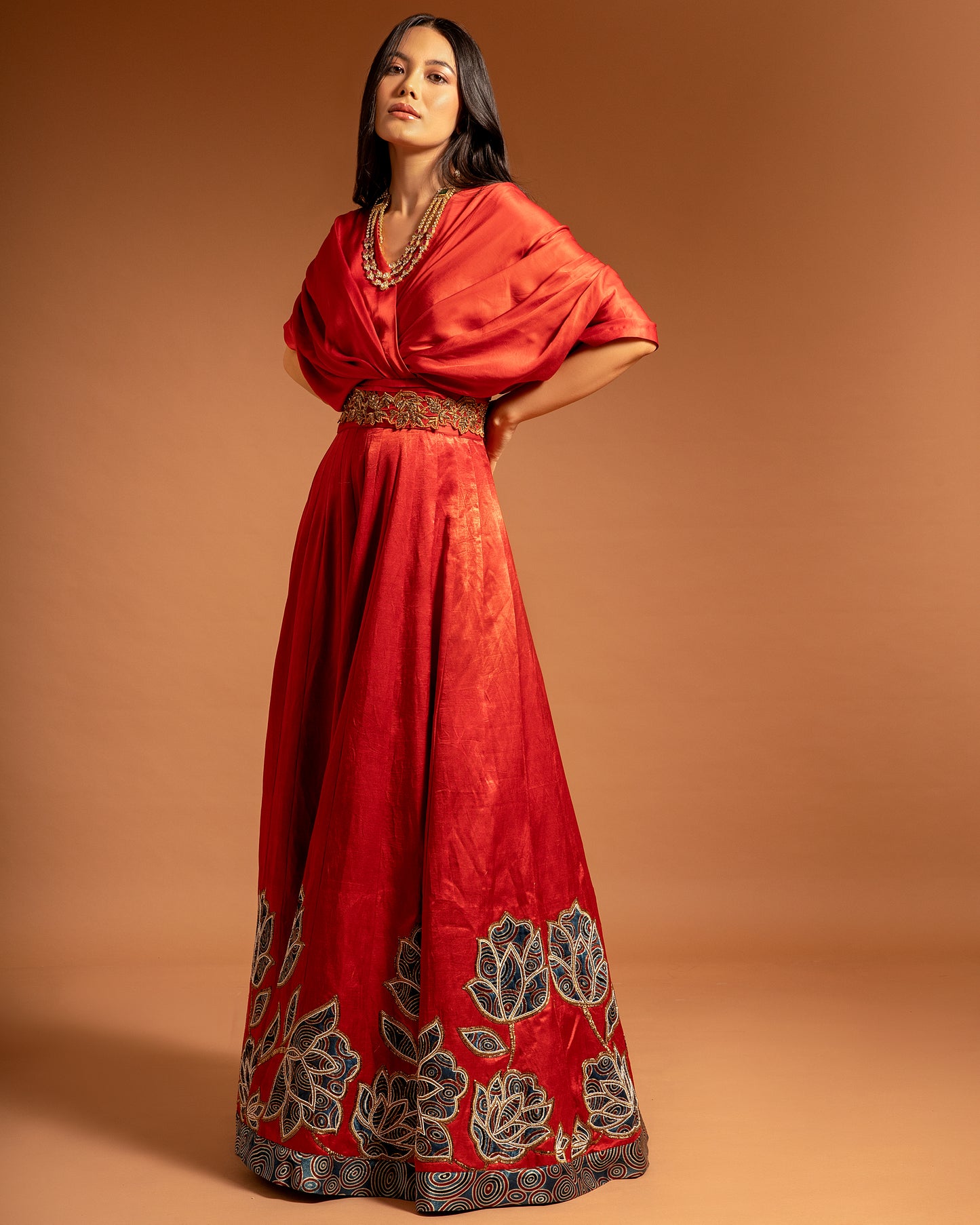 Red Poncho sleeve patchworked Gown with Belt