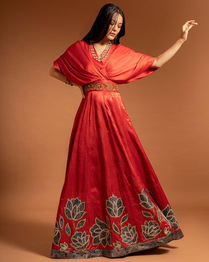 Red Poncho sleeve patchworked Gown with Belt